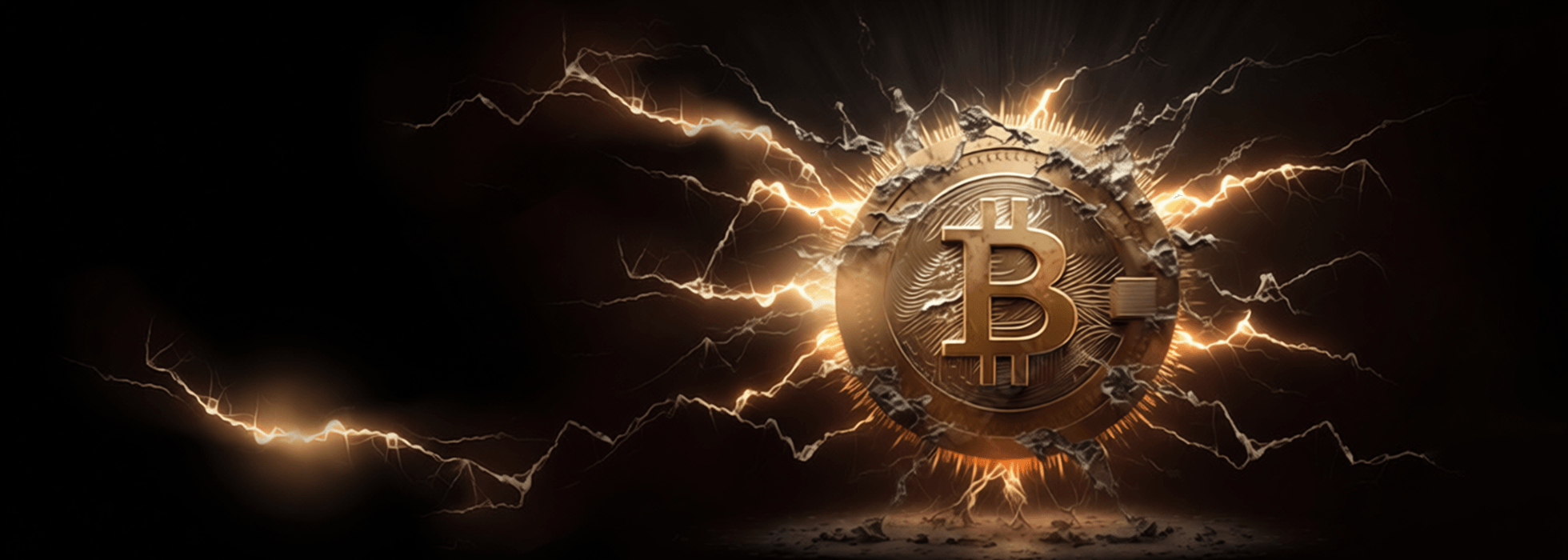 Digital currency symbol Bitcoin with lightning effects on a dark background